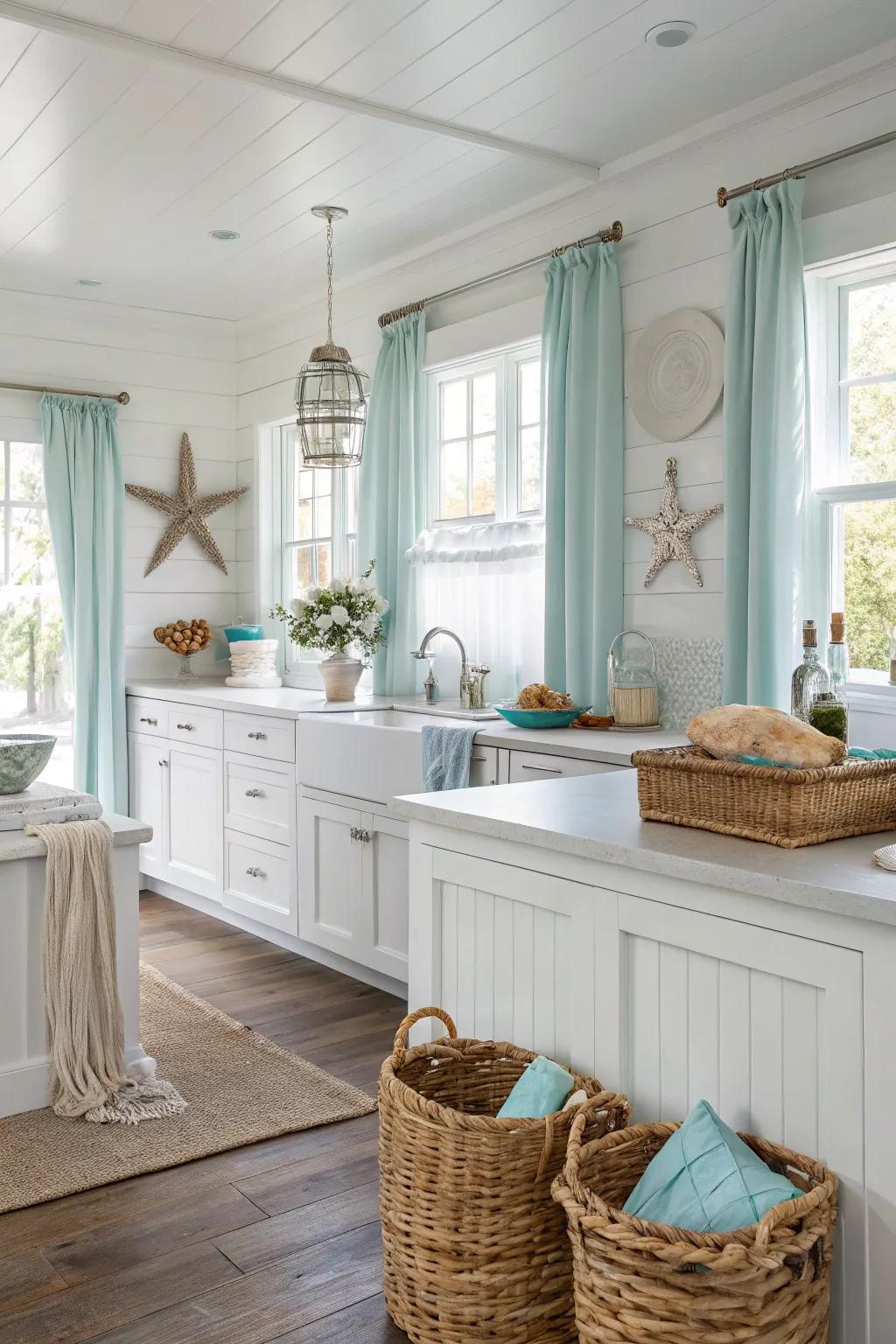 Coastal vibes bring a sense of serenity to this white kitchen.