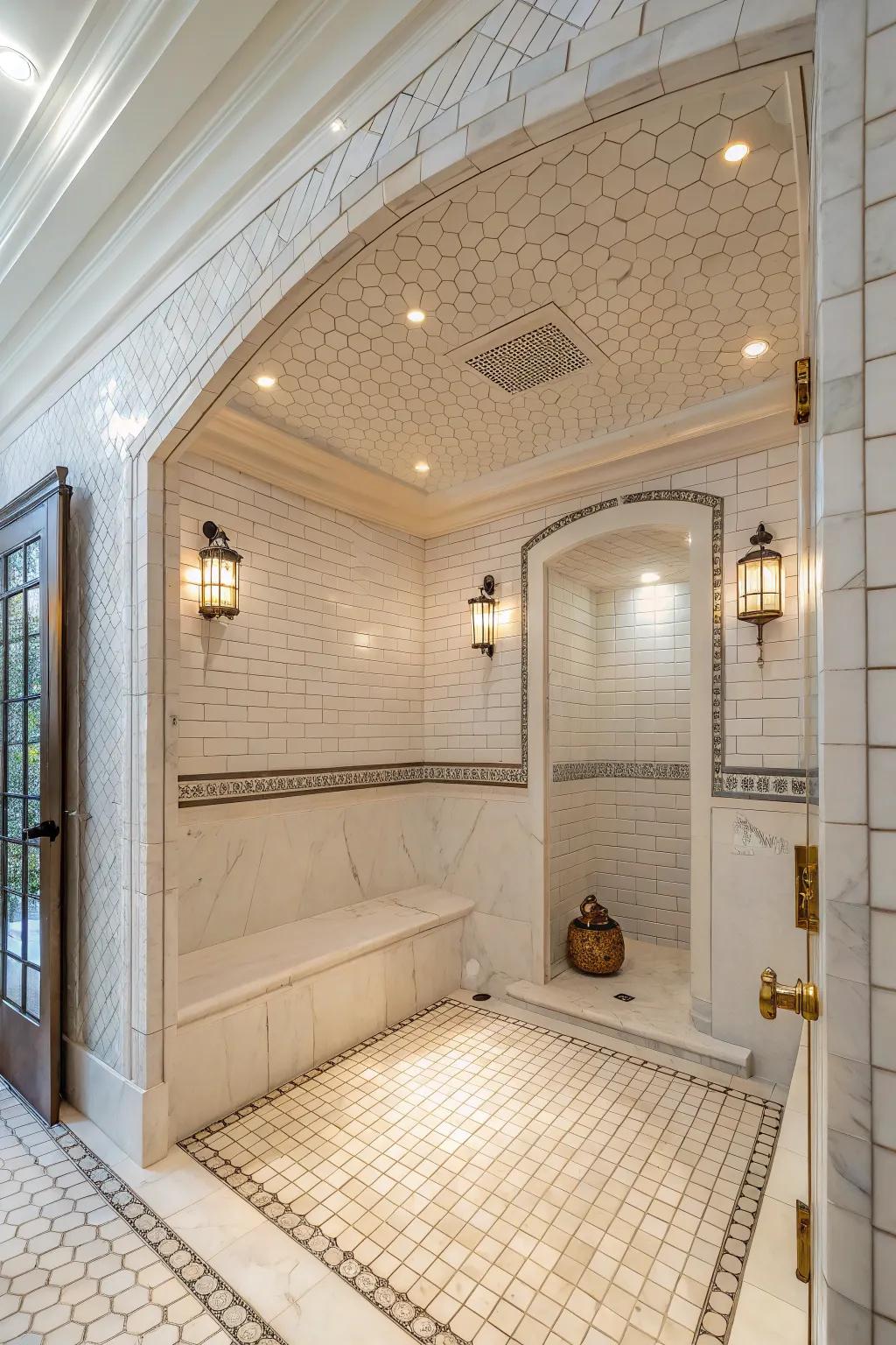 Open-concept showers with white tiles create a luxurious, airy feel.