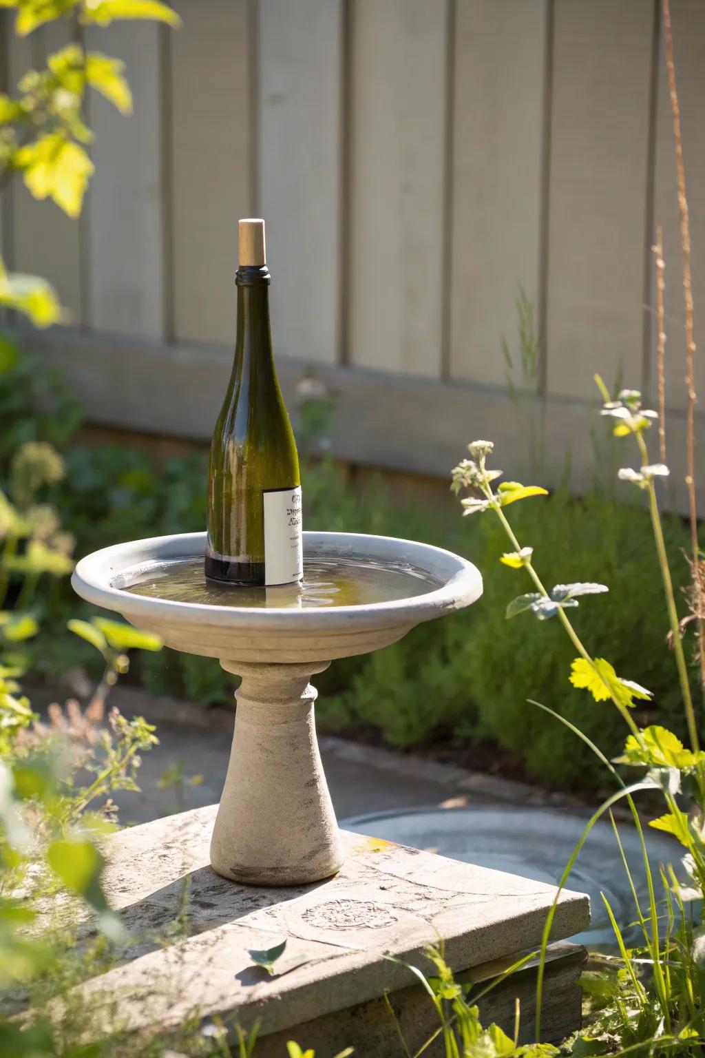 Transform your garden with this chic wine bottle bird bath, where elegance meets eco-friendly design.