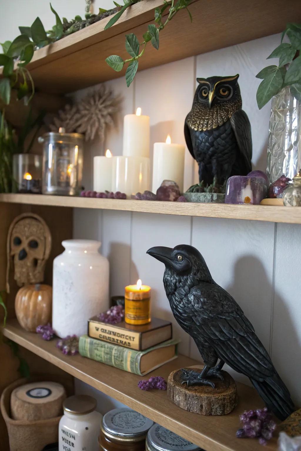 Animal figurines adding a natural witchy touch.