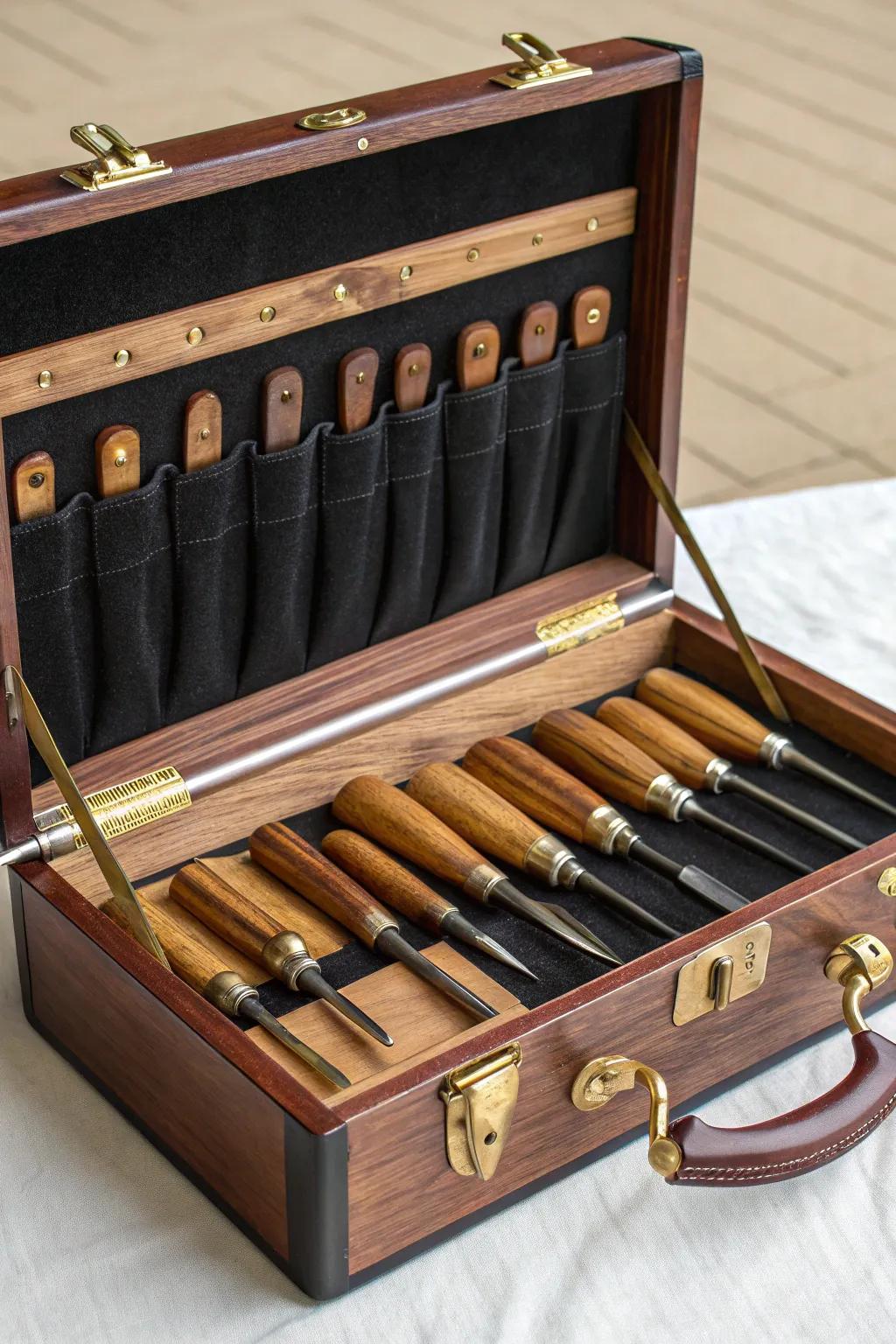 Transforming elegance: A vintage vanity case becomes the ultimate tool holder for wood carving enthusiasts.