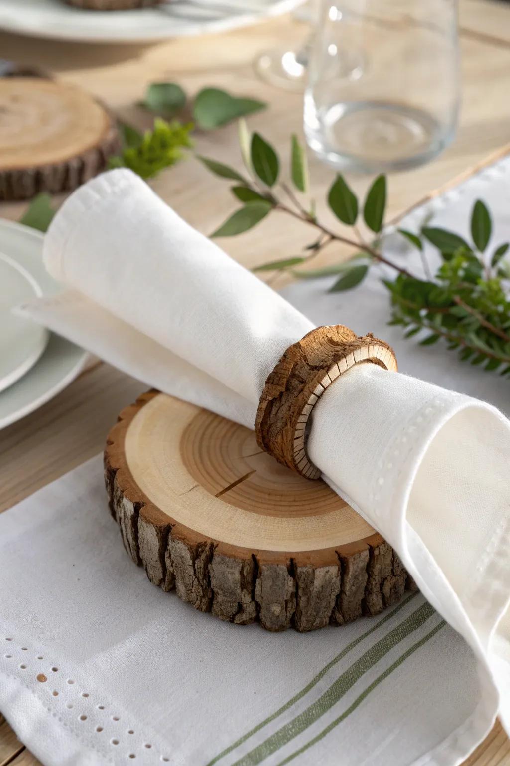 Add a touch of rustic charm to your table with handcrafted wood slice napkin rings.