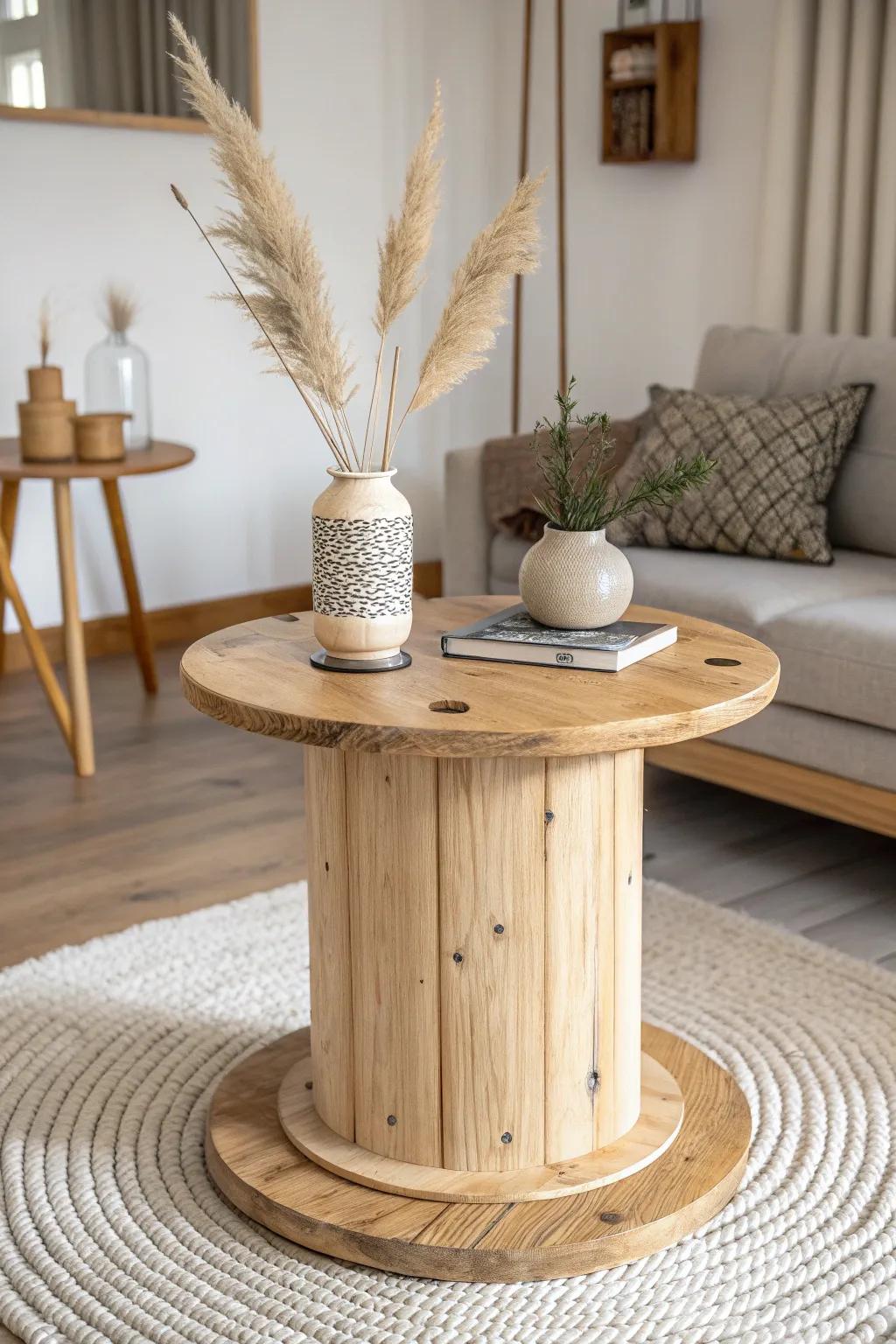 Embrace rustic elegance with this chic spool side table, where simplicity meets natural beauty.