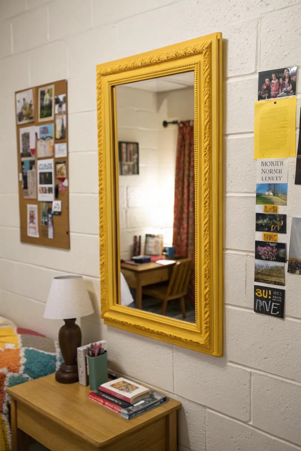 A yellow-framed mirror reflects light and enhances your space.