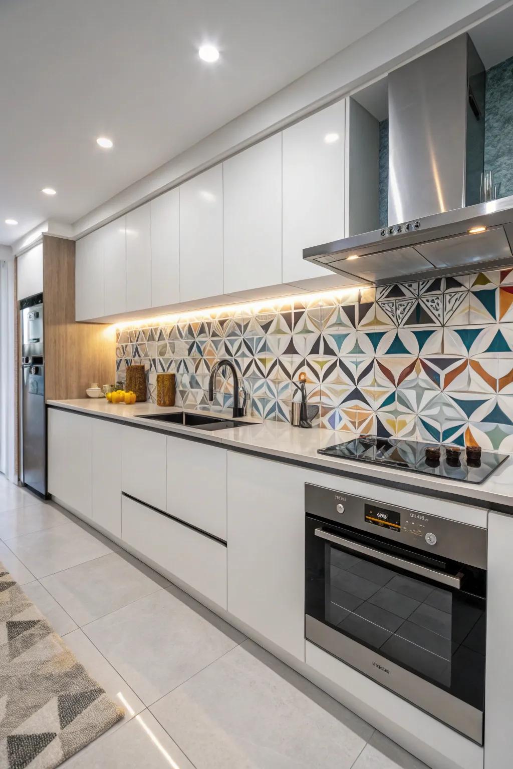 Geometric designs in the quartz backsplash offer a contemporary architectural flair.
