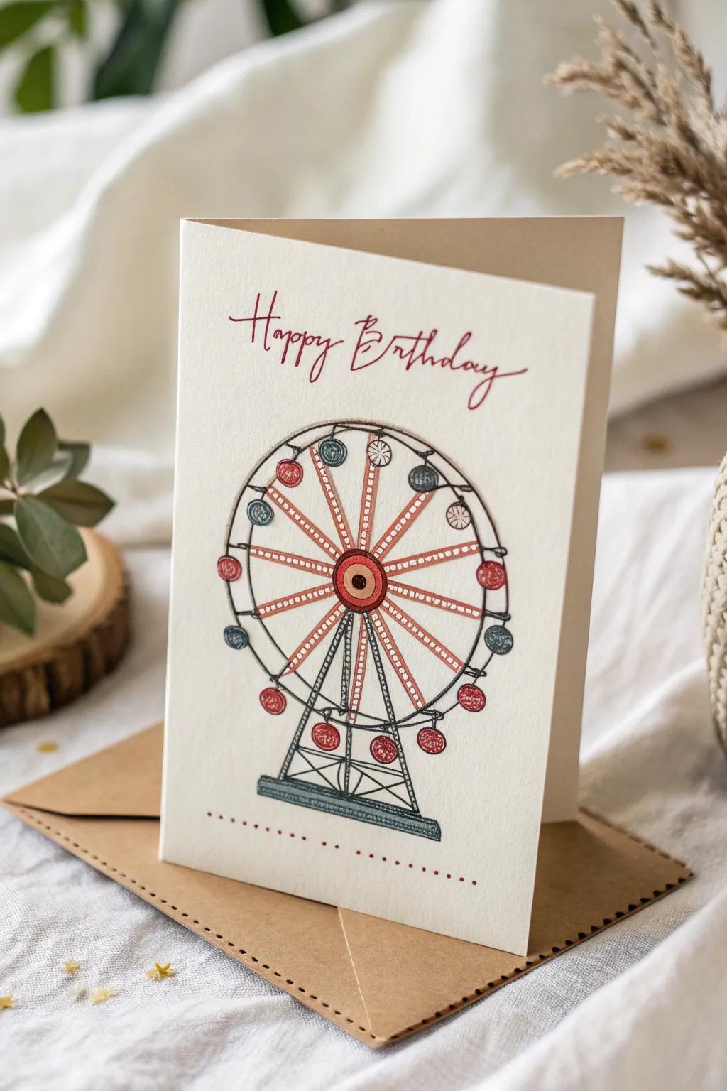 Delight in simplicity and surprise with this elegantly crafted birthday card featuring a playful spinning element.