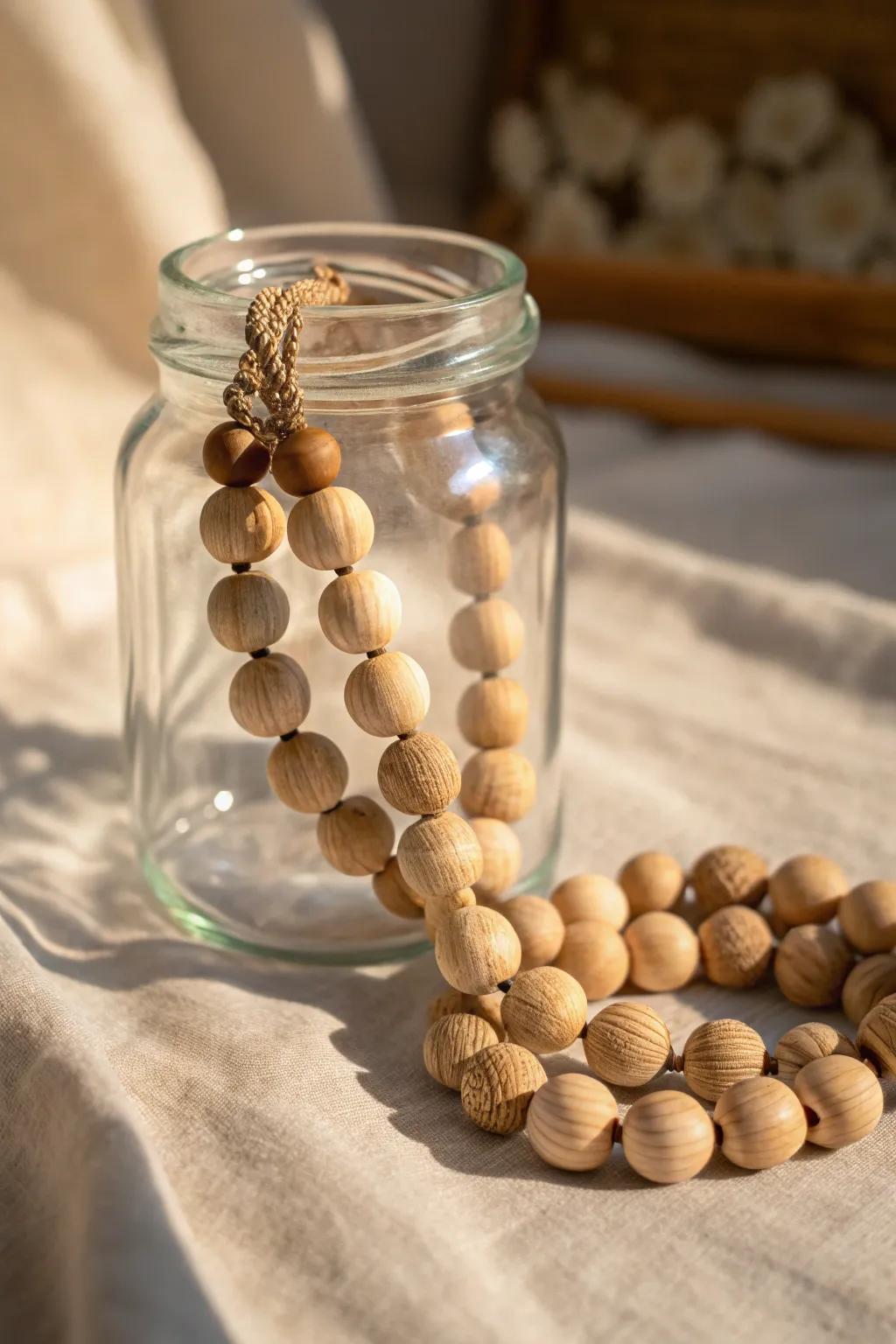 Elevate your storage with the natural beauty of bead-decorated jars—perfect for a stylish craft room.