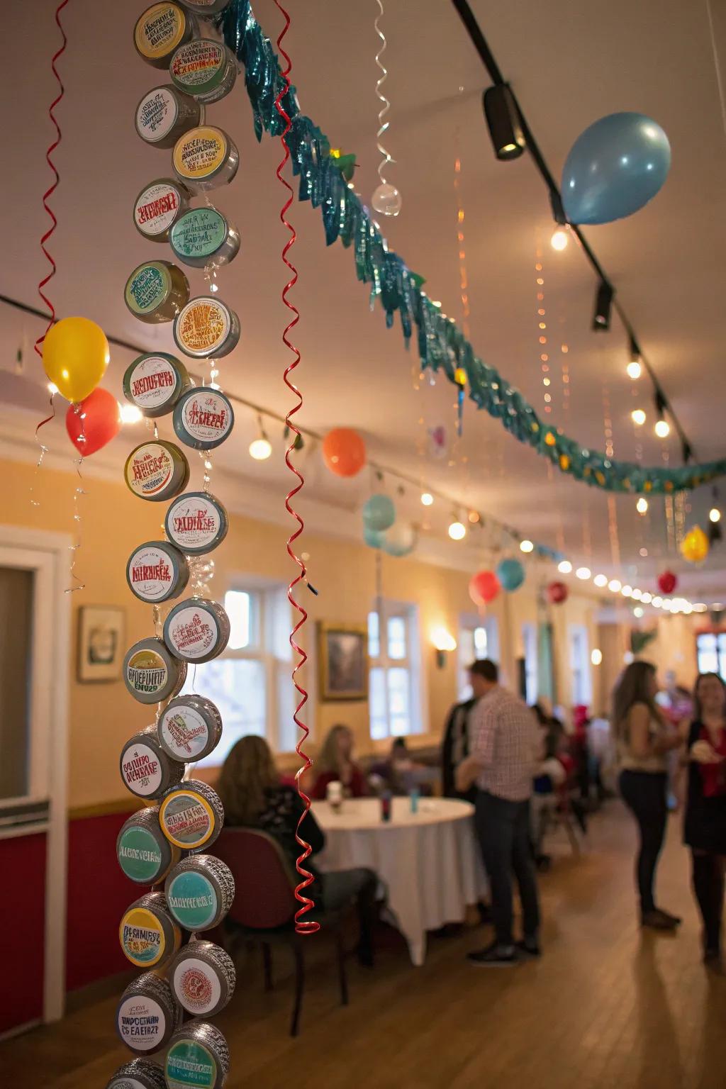 Beer cap garland adds a creative DIY touch.