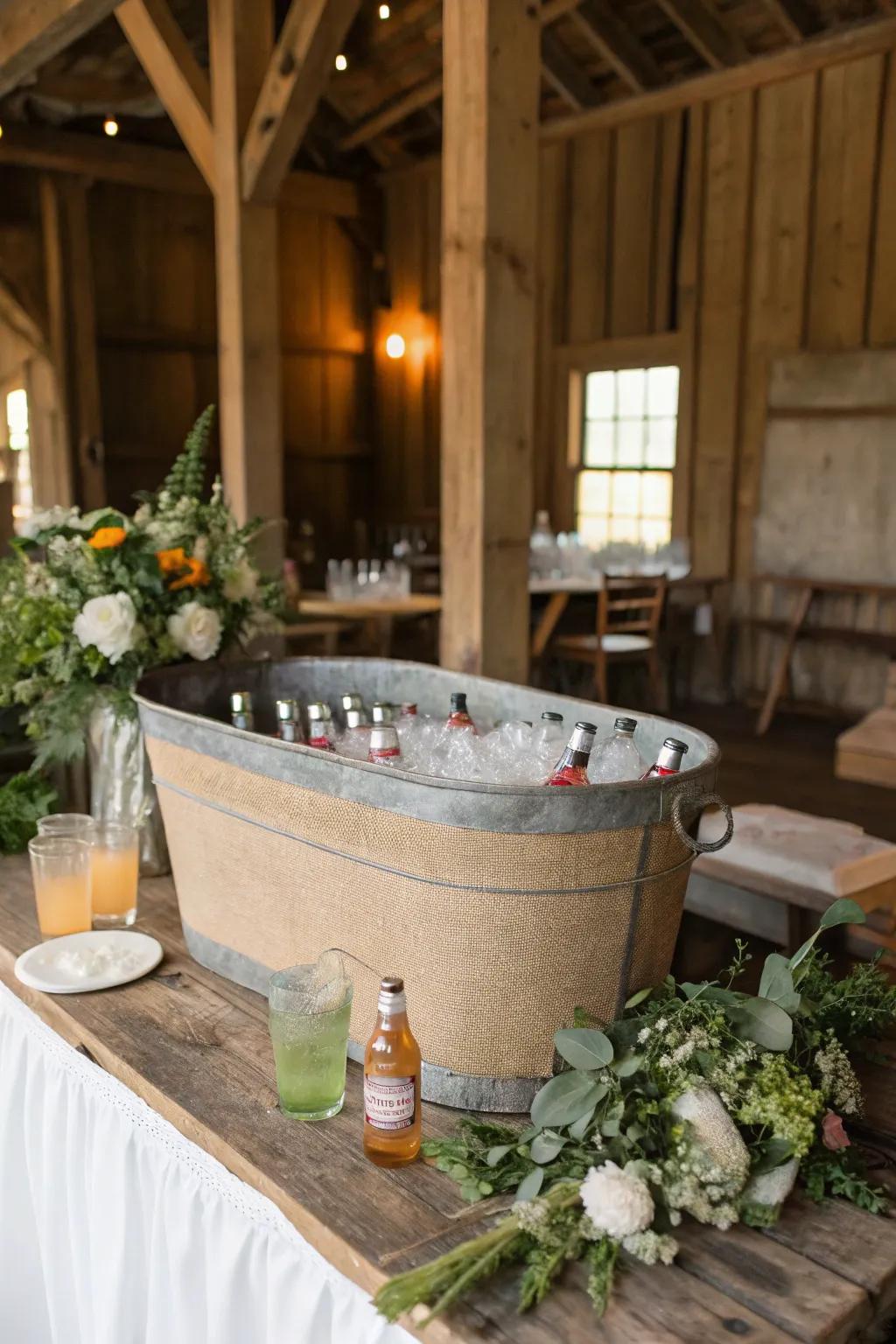Burlap liners adding farmhouse charm to a beverage tub.