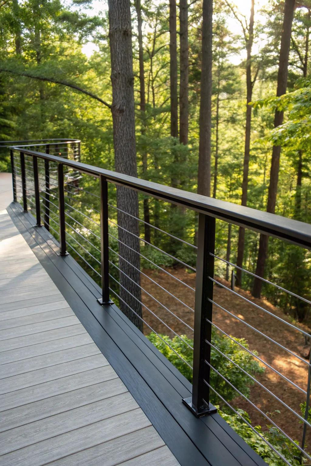 Blend seamlessly with nature: Elevate your deck with a modern cable railing that complements the landscape.