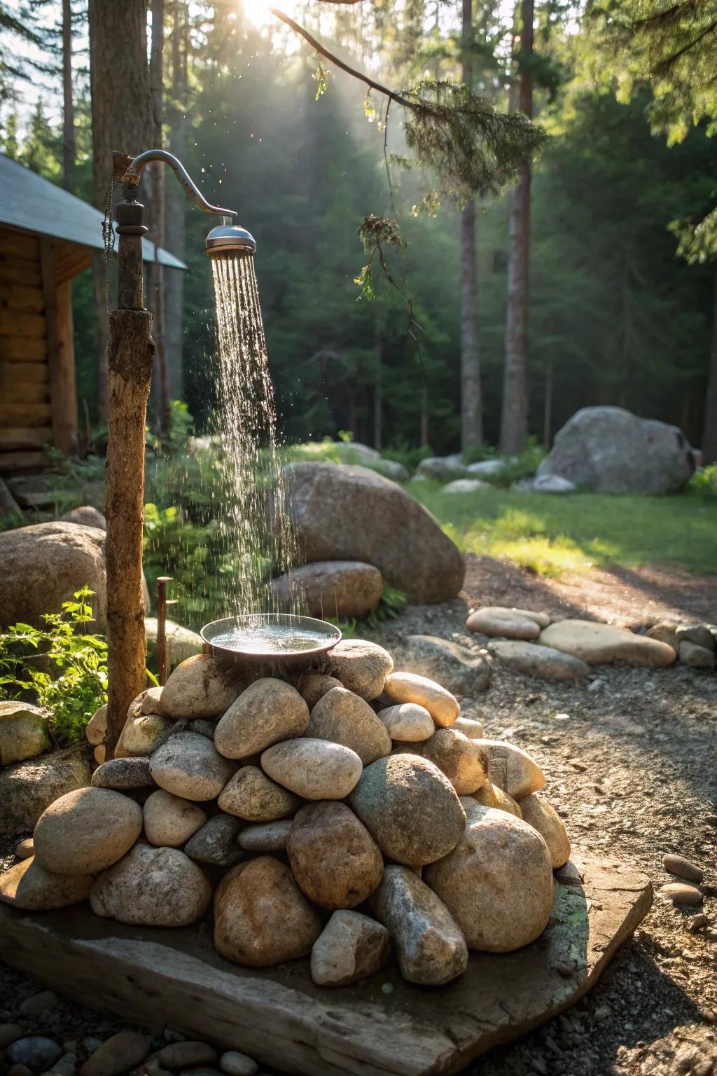 Harness the power of nature with a sun-heated rock shower for the ultimate outdoor experience.