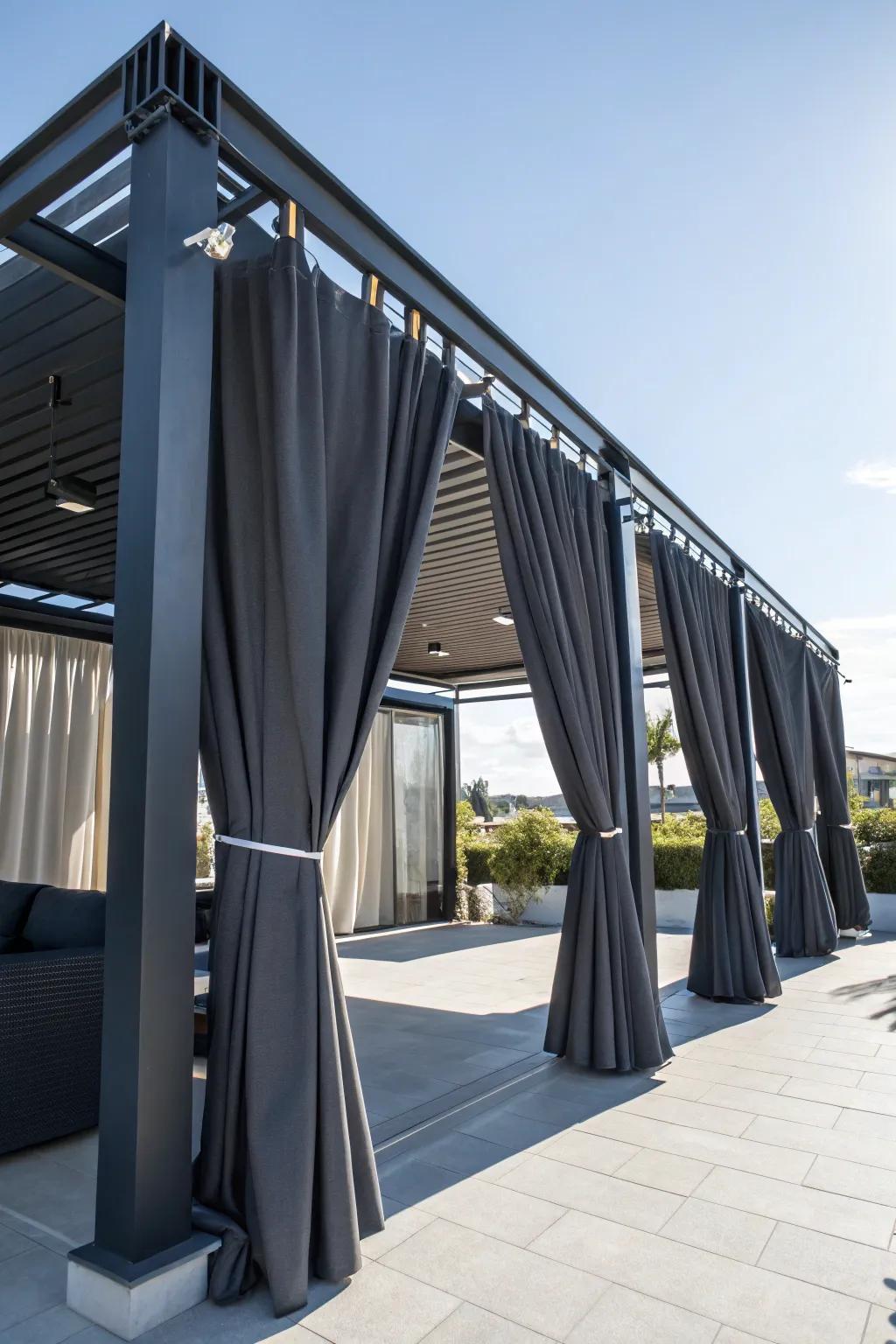 Elevate your carport with stylish tension rod curtains – a perfect no-drill solution for renters and temporary setups.
