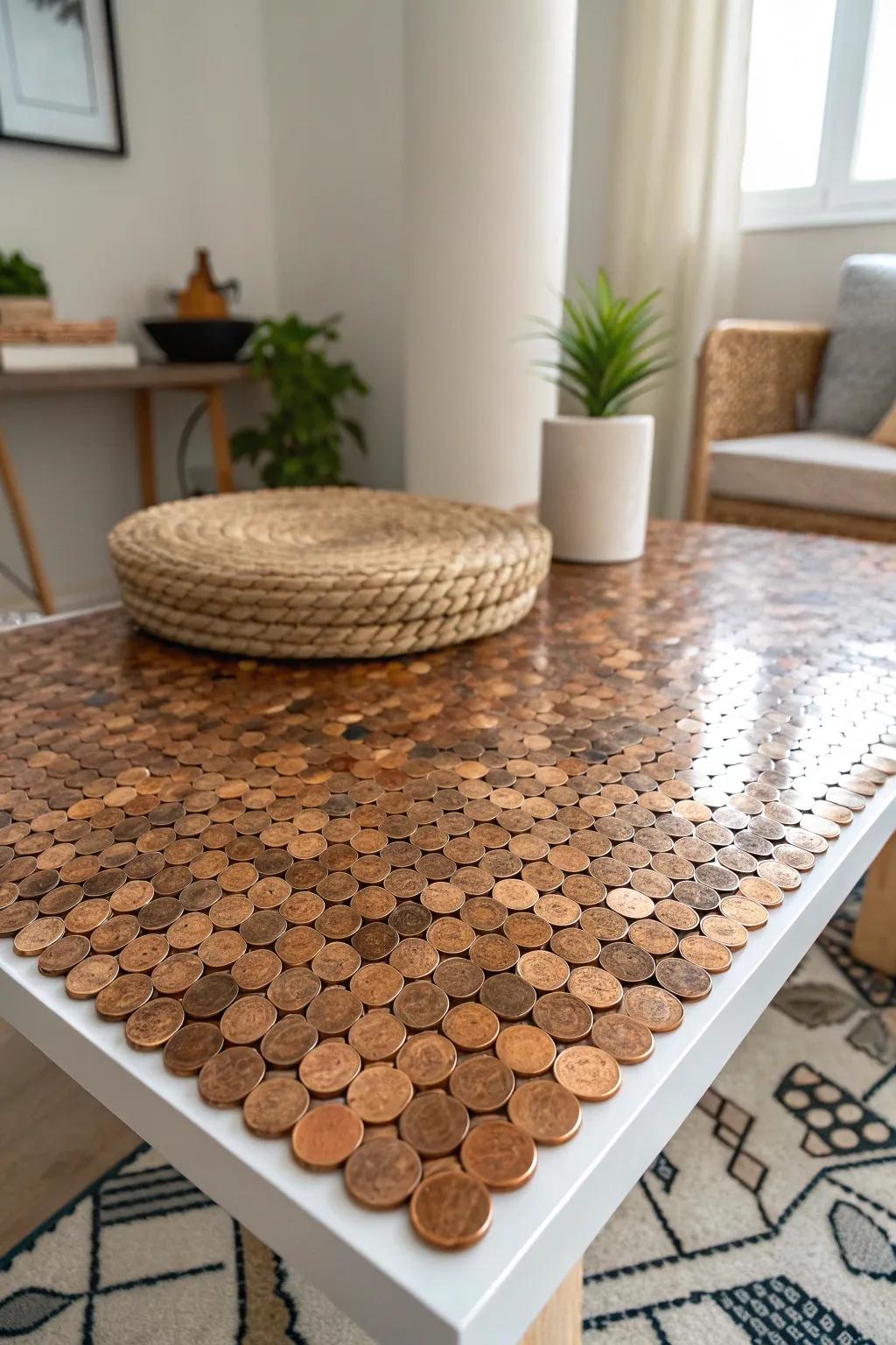 Add a touch of sparkle to your space with a unique, penny-covered table top!