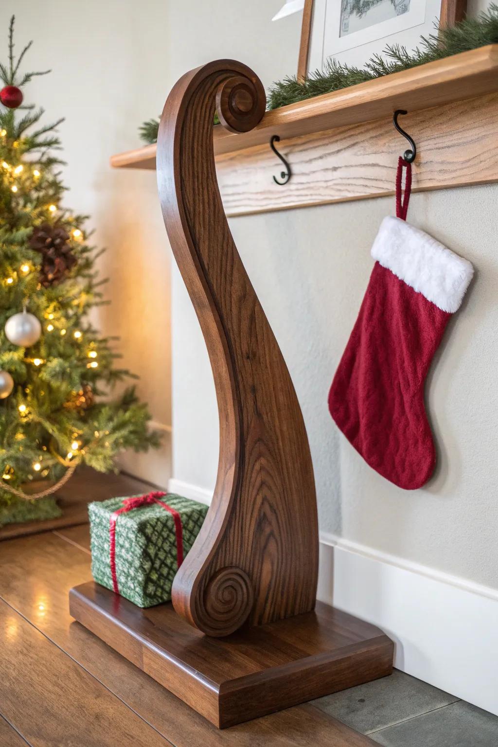 Elevate your holiday decor with this handcrafted wooden stocking hanger—perfect for homes without a fireplace.