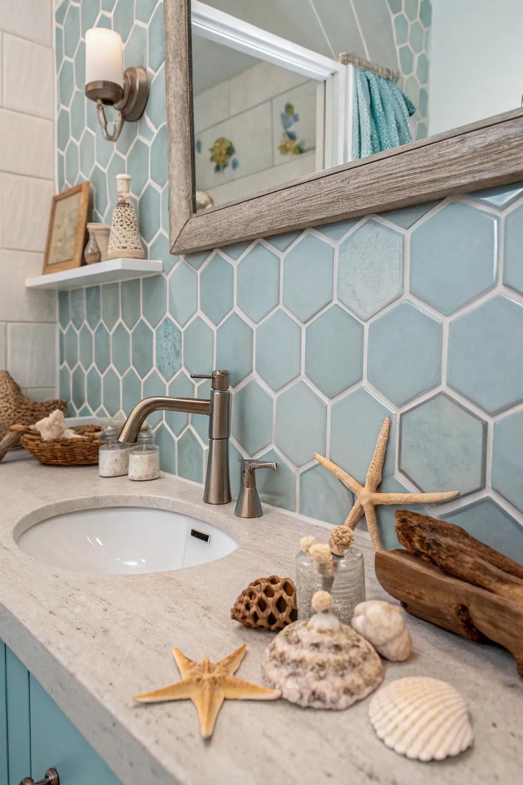 Hexagon tiles add a playful, beach-inspired pattern.