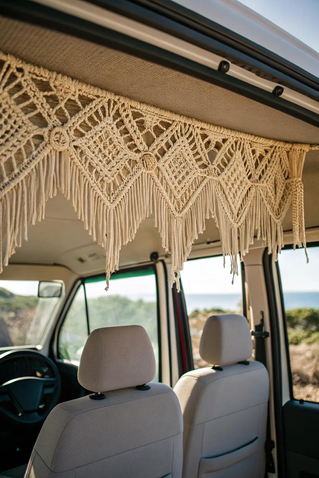 Transform your ride into a traveling art studio with a bohemian macrame headliner.
