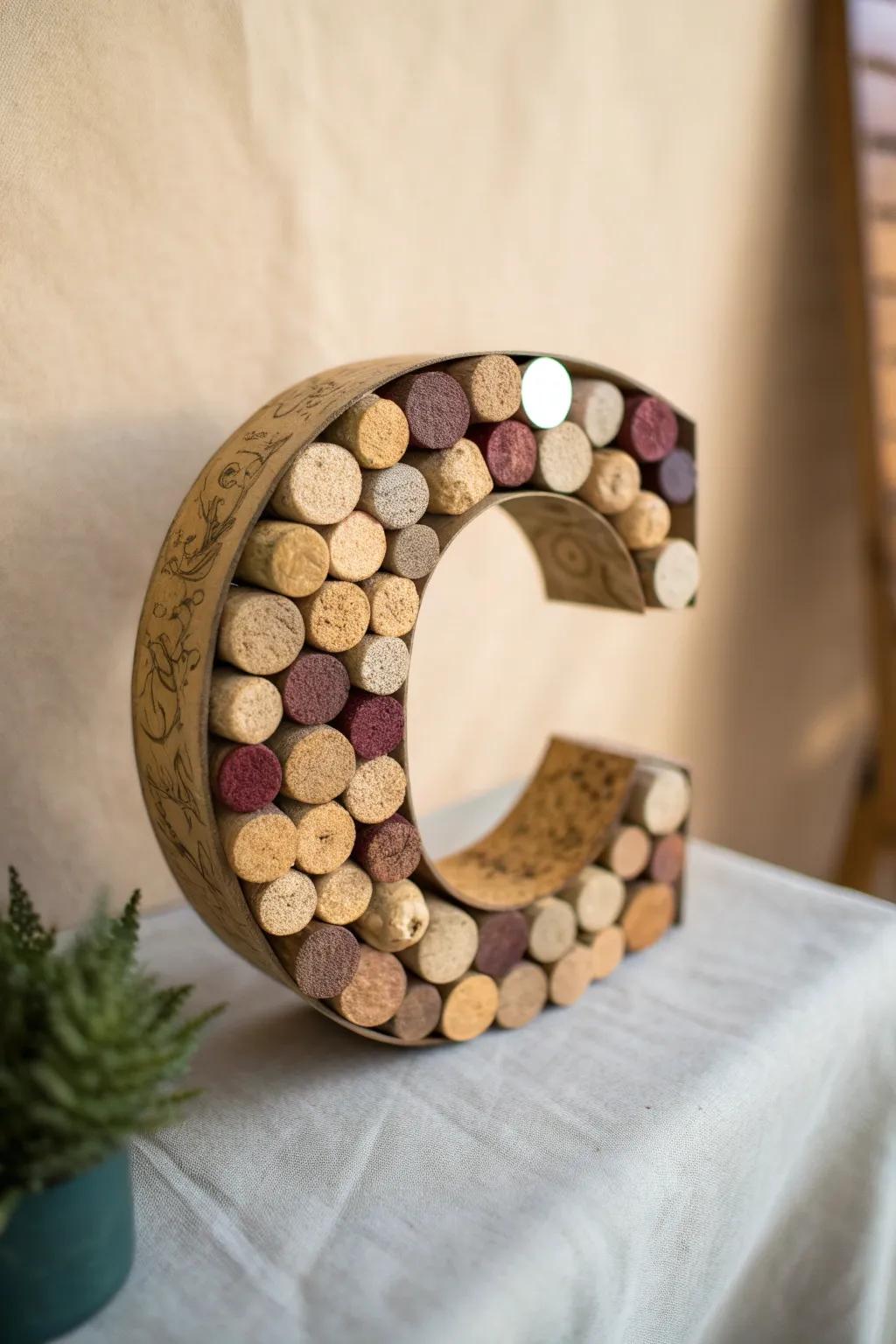 Elevate your decor with eco-friendly elegance: a cork-covered letter 'C' for a unique and sustainable touch.