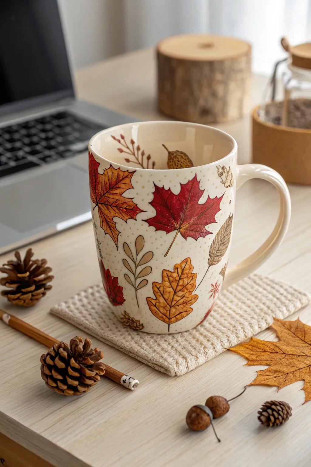 Embrace autumn with every sip! This handcrafted fall-themed mug brings warmth and style to your office space.