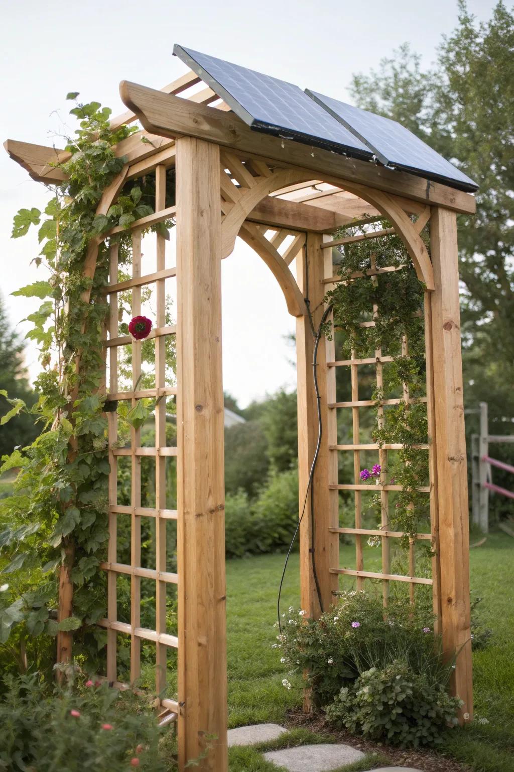 Harness the sun with style – a solar panel garden arch that blends nature with innovation.