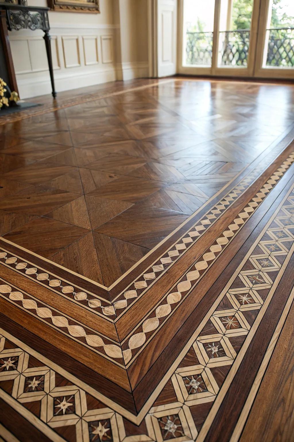 Elevate your space with a stunning patterned border, bringing a touch of elegance and craftsmanship to your hardwood floors.