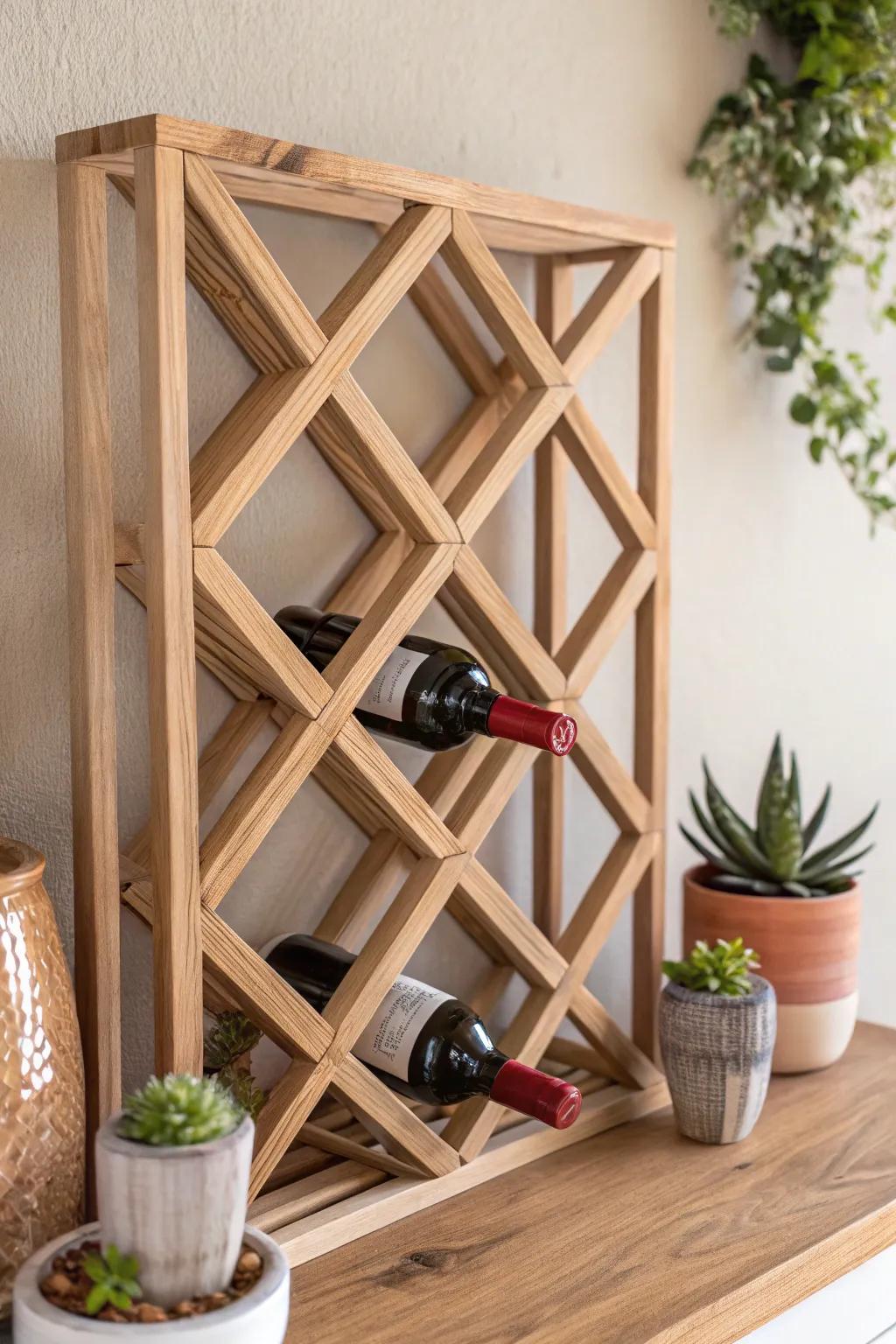 Transform your space with this chic DIY lattice wine rack that blends Scandinavian minimalism with Boho flair.