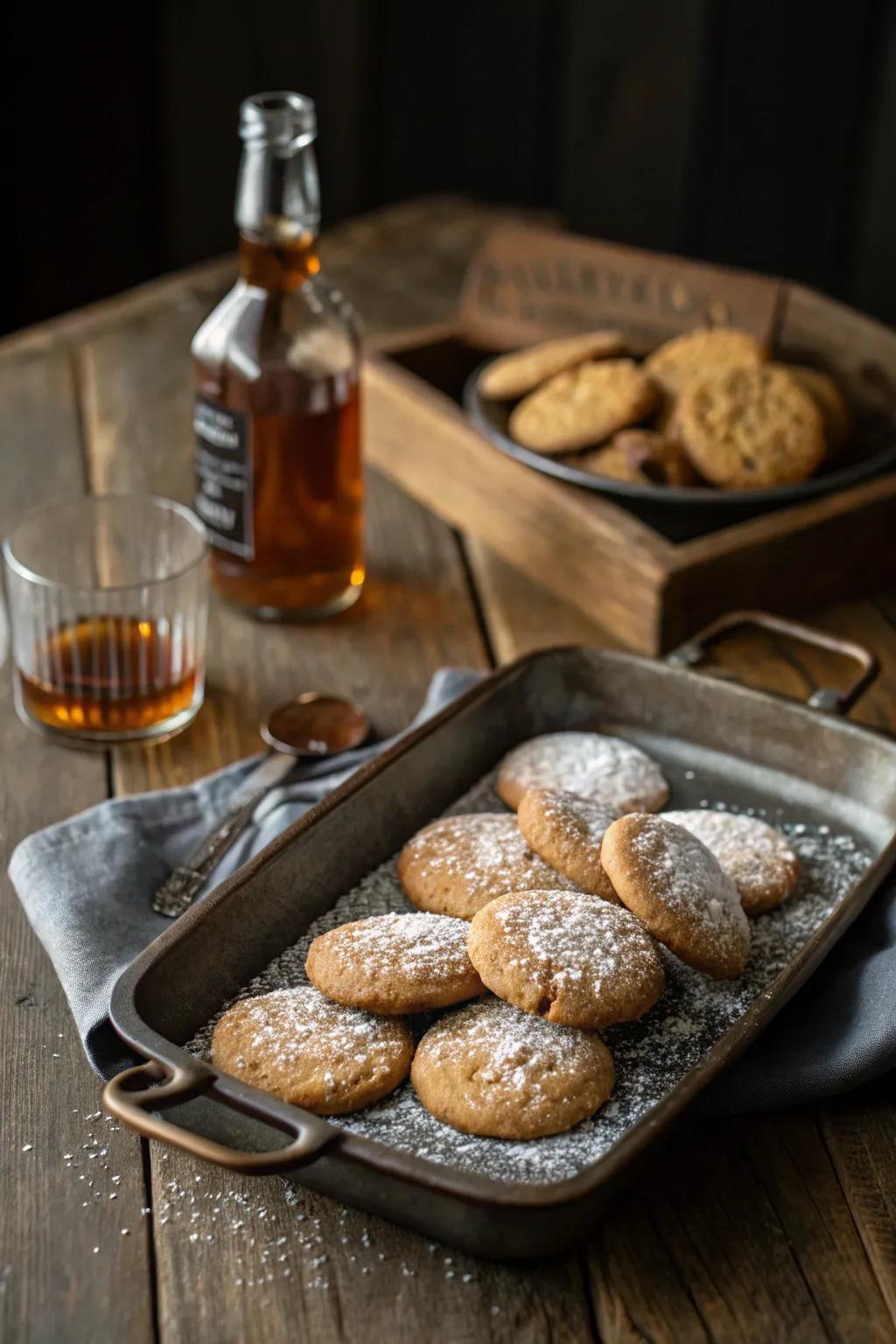 Indulge in a sweet and spirited surprise with this perfect pairing of homemade cookies and a mini bottle of whiskey. 🍪🥃