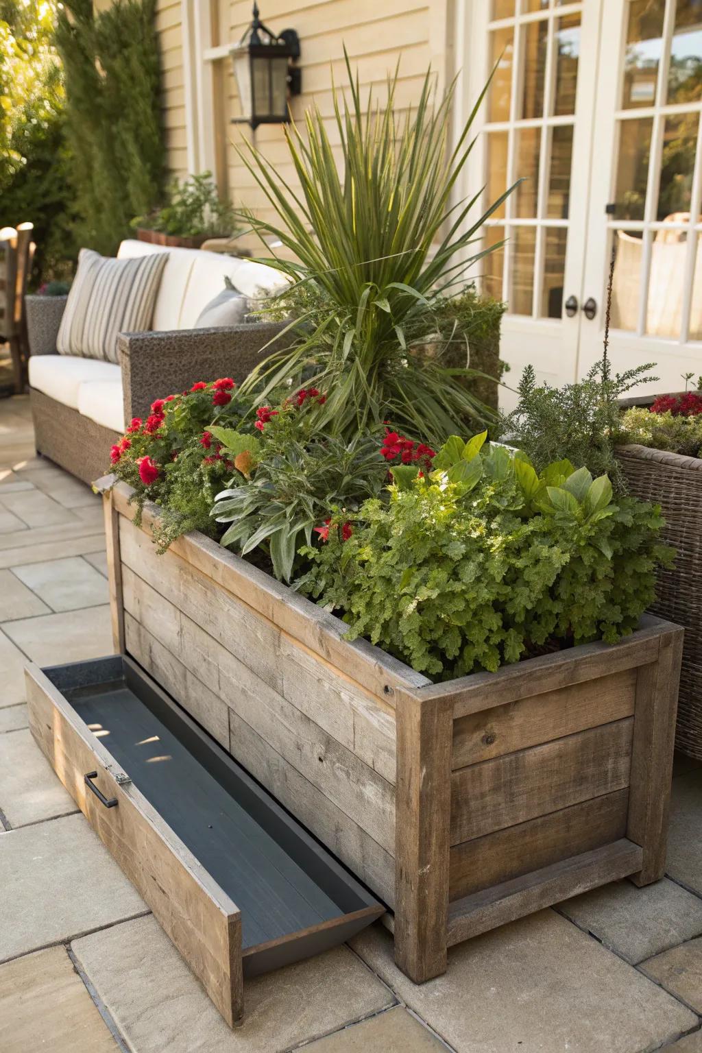 Discover the art of hidden storage with this ingenious planter design, perfect for keeping your tools discreetly tucked away.