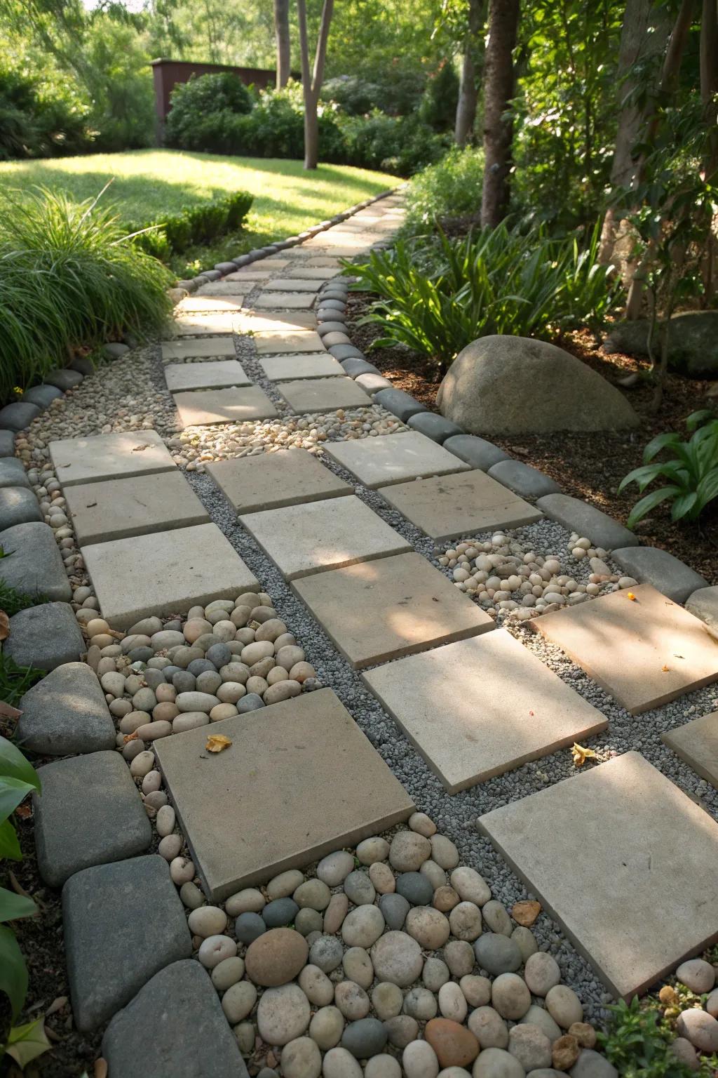 Elevate your outdoor space with a paver and pebble path that blends natural elegance and modern design.