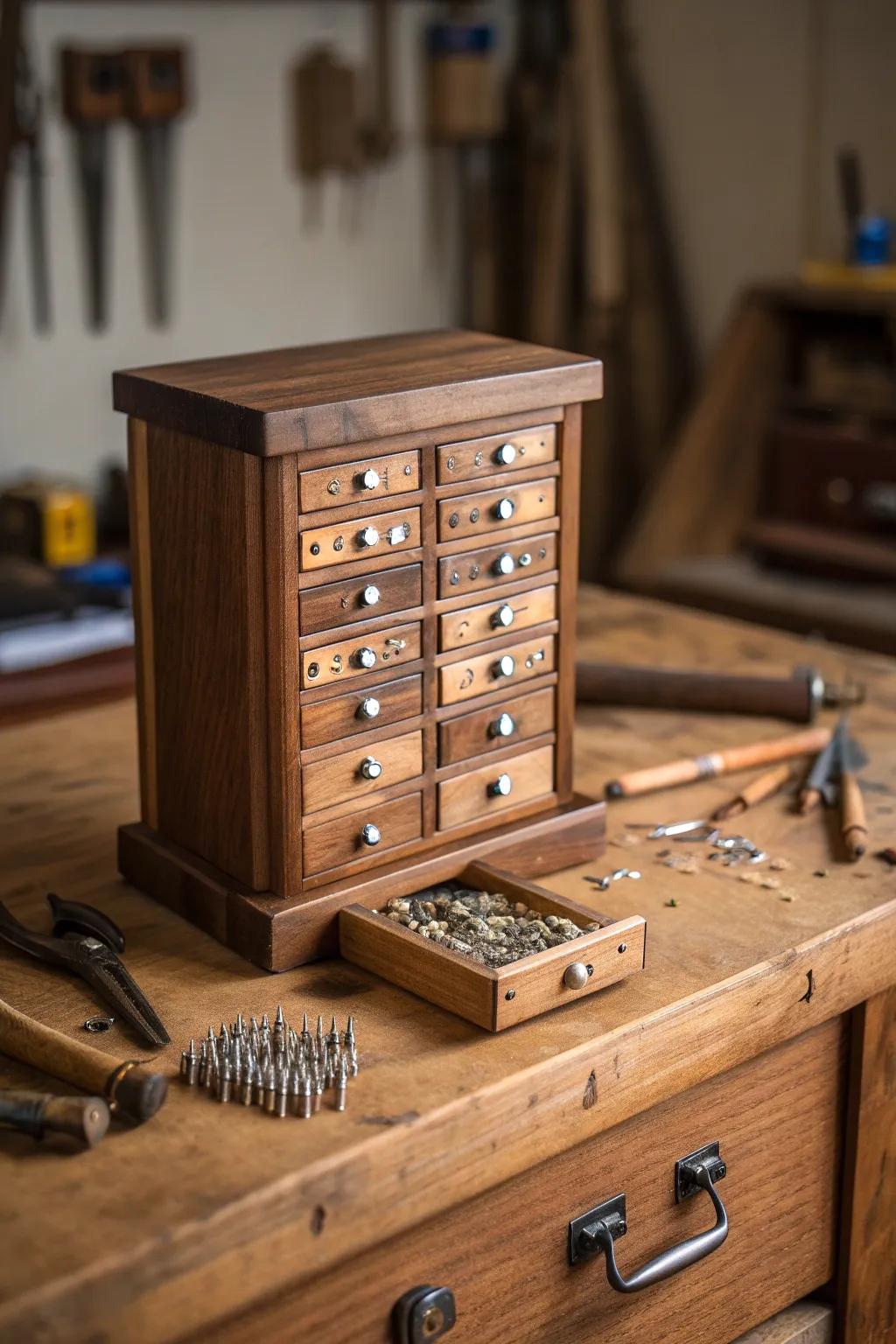 Elevate your workshop with this sleek, compact drawer cabinet — the perfect solution for organizing your screws in style.
