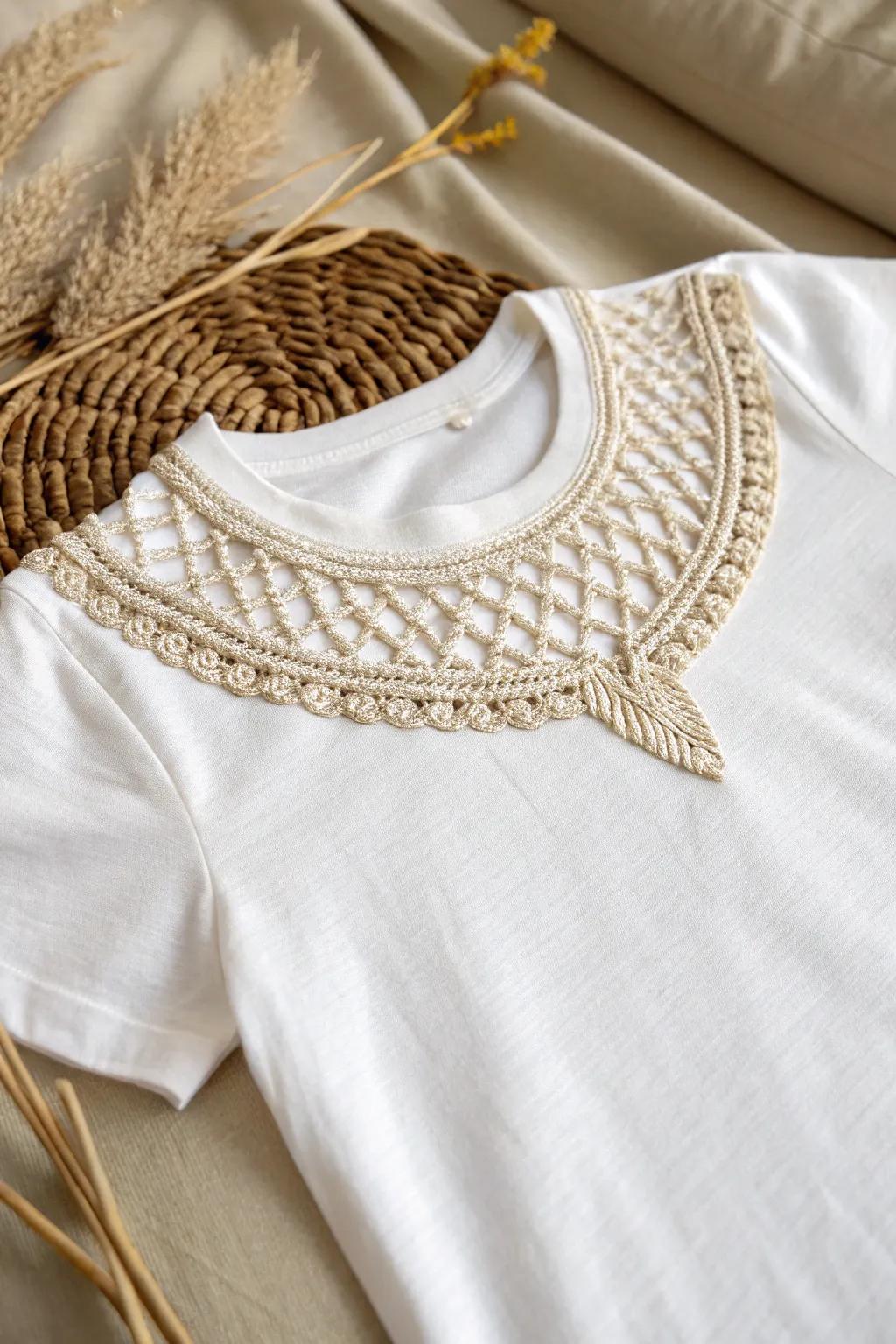 Transform your tee with a touch of woven elegance. Embrace simplicity and craftsmanship with this no-sew DIY idea.
