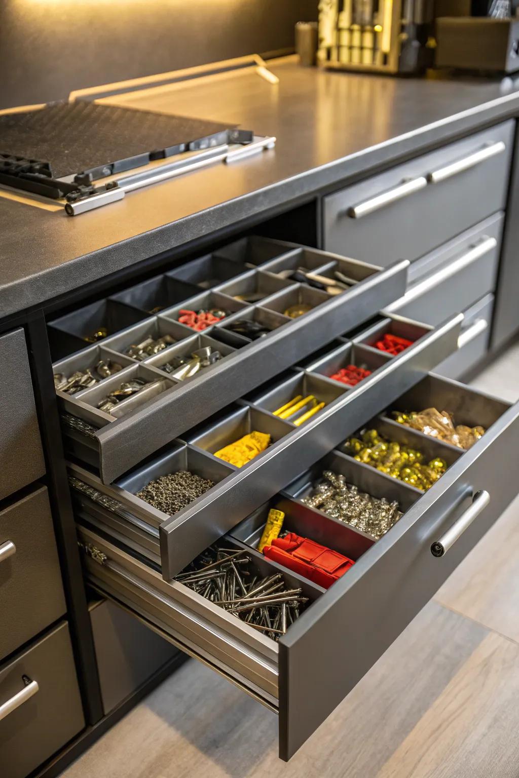 Transform chaos into order with this sleek drawer organizer tool box for all your small parts.