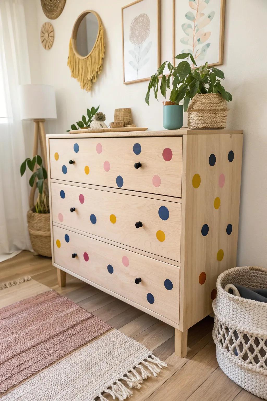 Whimsy meets craftsmanship: Transform your dresser with playful polka dots for a touch of joy in any room.
