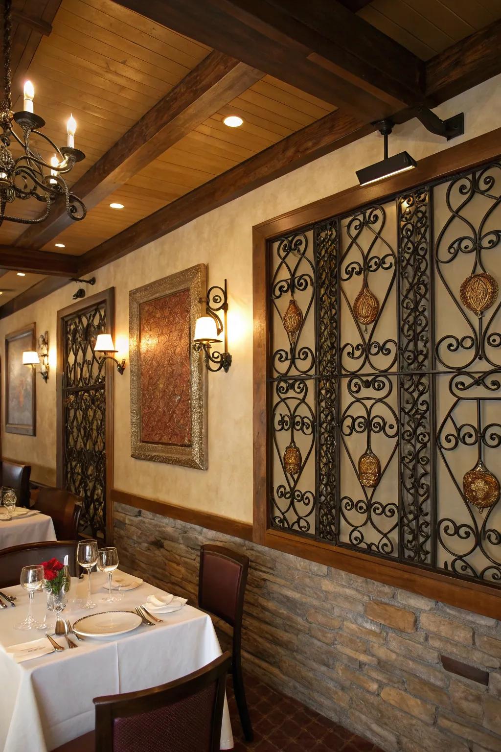 Iron wall grilles add industrial elegance to this farmhouse dining room.