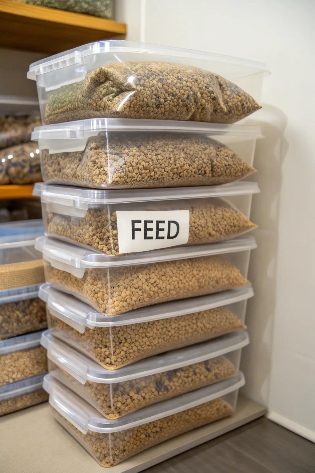 Airtight storage bags for preserving feed quality.