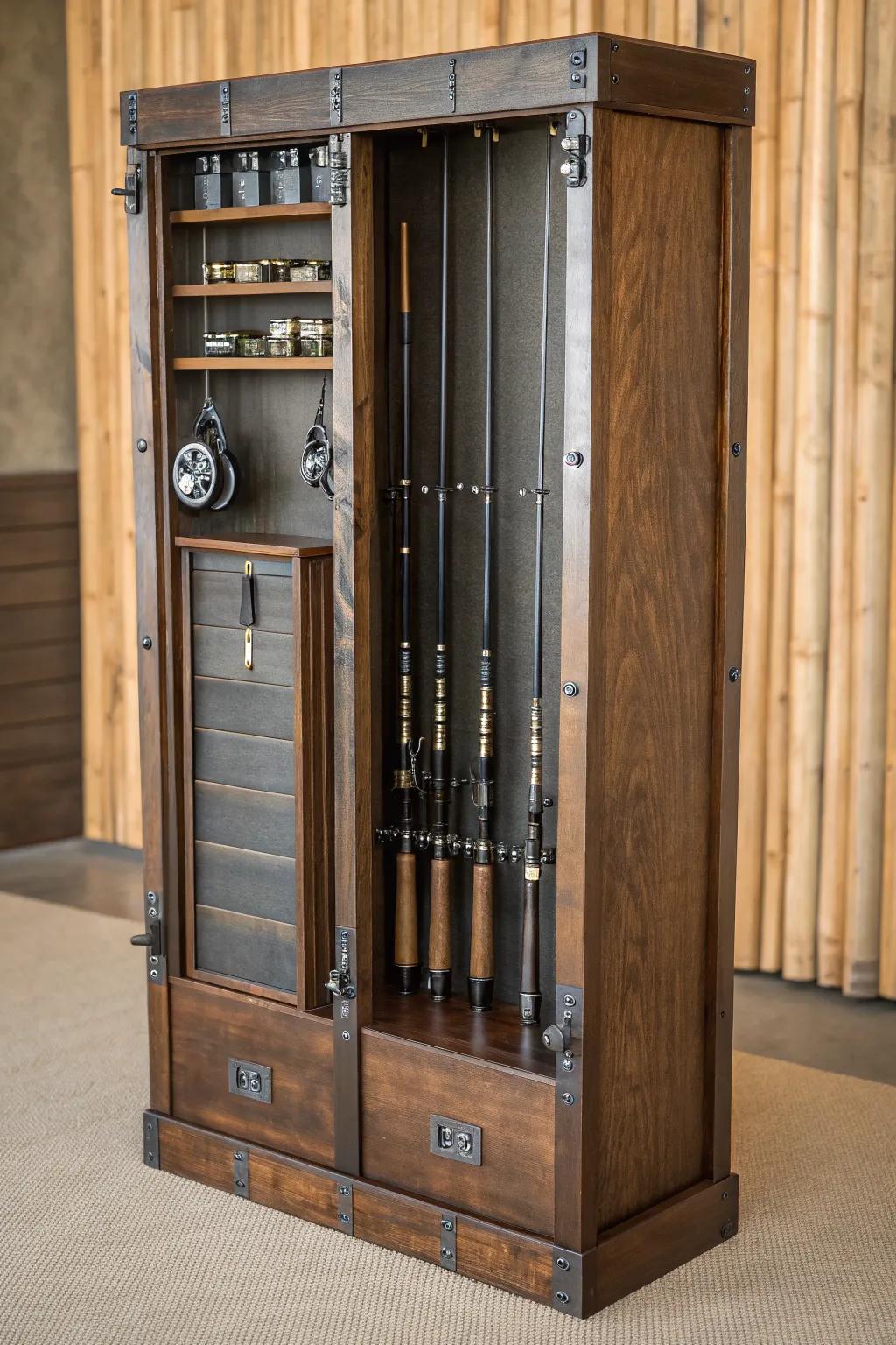 Sustainable style meets functionality: A recycled materials rod rack that elevates your fishing gear storage.