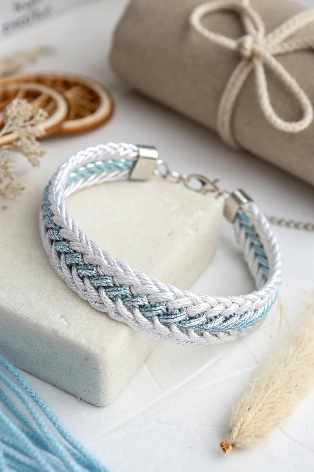 Capture the serene beauty of winter with this stunning fishtail bracelet in icy blue, silver, and white.