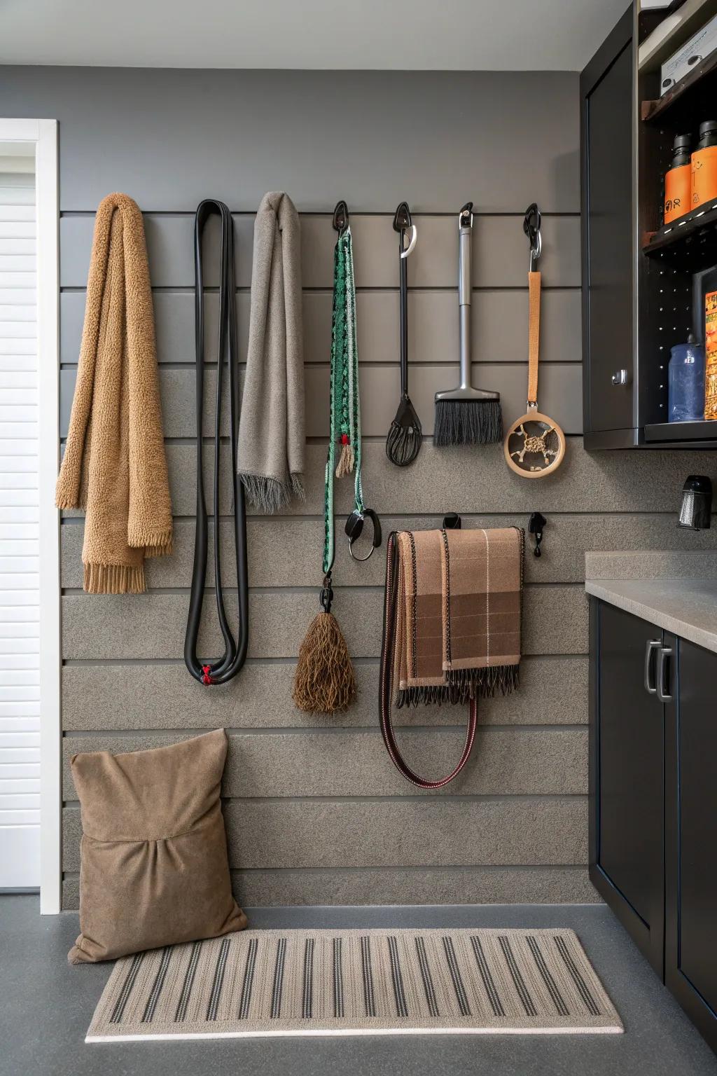 Transform your garage into a stylish pet grooming haven with a well-organized slatwall setup.