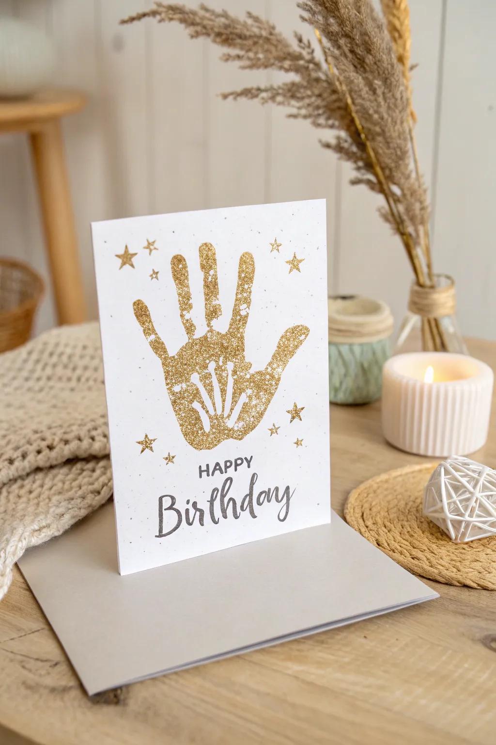 Add a sprinkle of magic to your birthday wishes with a glittering handprint card!