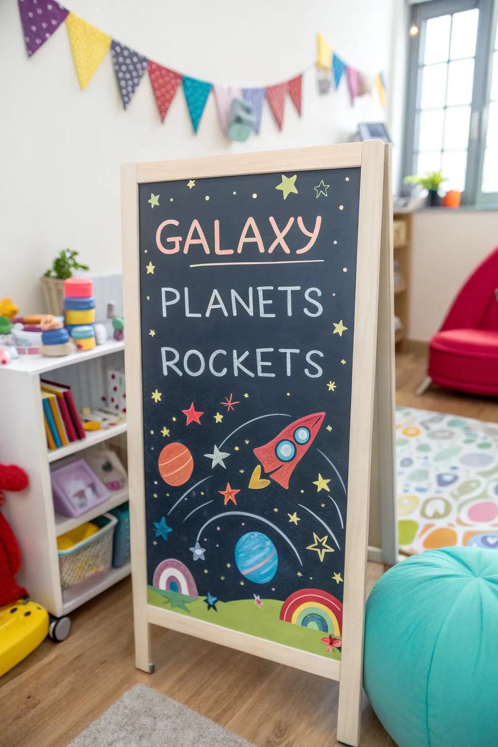 A galactic adventure on a birthday chalkboard for space lovers.