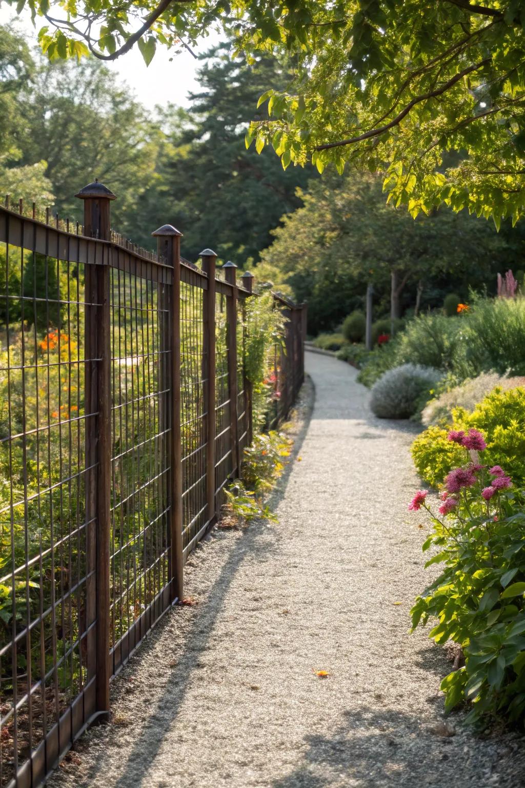 Define your garden path with rustic elegance. 🌿 #GardenDesign #HogWireFence