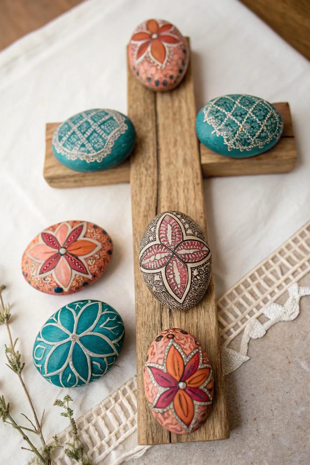 Elevate your decor with a stunning cross adorned with vibrantly painted stones, blending minimalism with boho charm.