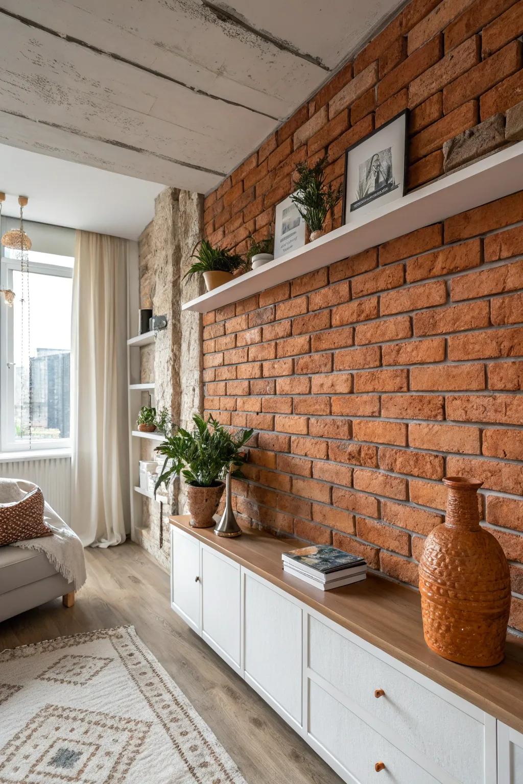 Transform your closet space with a chic faux brick wall for an urban, minimalist vibe.