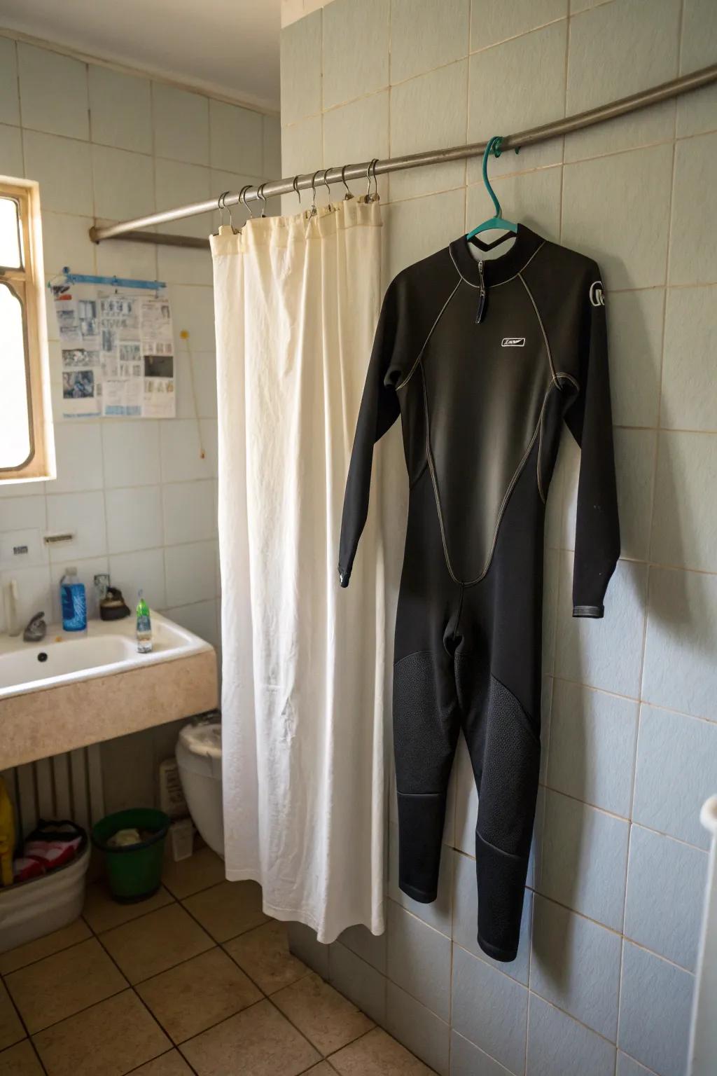 A wetsuit hanging from a shower curtain rod in a bathroom.