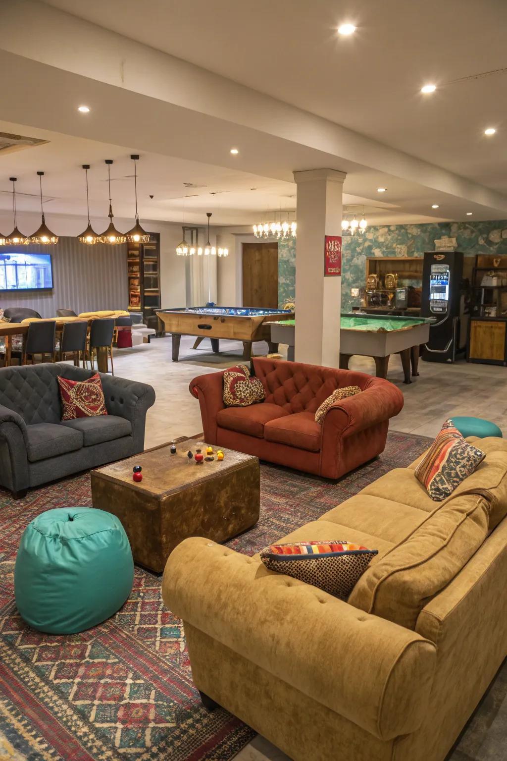Eclectic seating arrangements providing versatility and style in a game room.