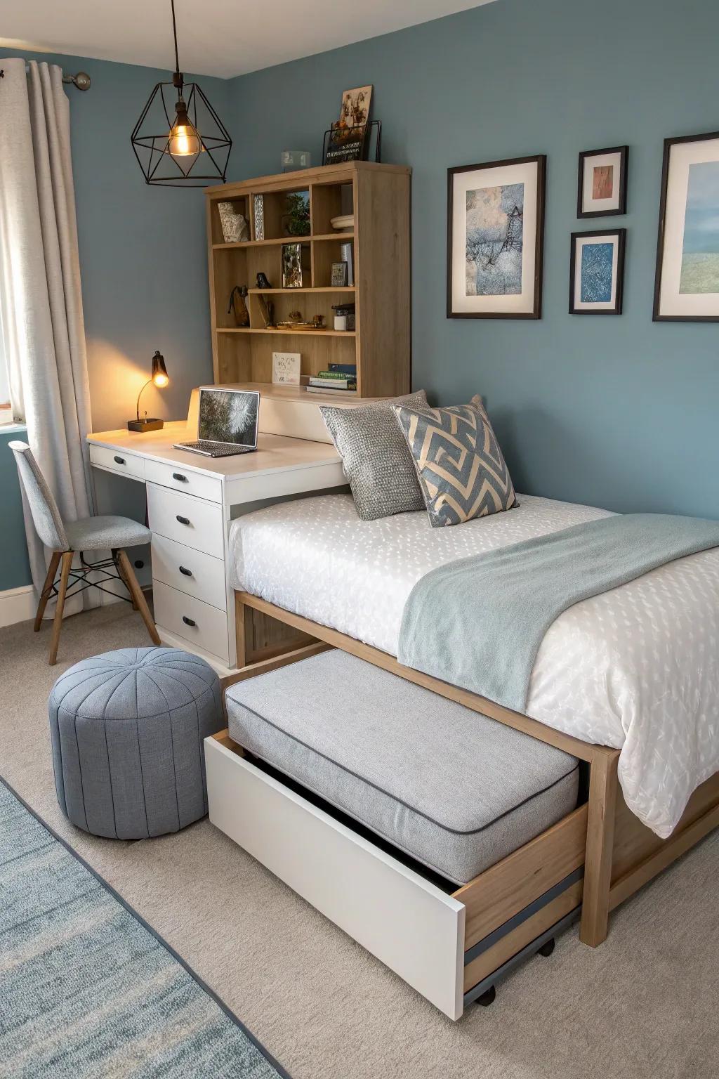 Multi-functional furniture maximizes utility in this guest bedroom.