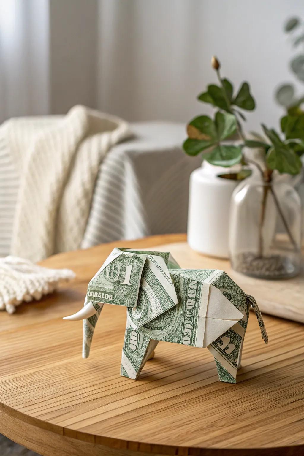 Embrace strength and wisdom with this charming dollar origami elephant, a perfect touch of artistry and elegance.