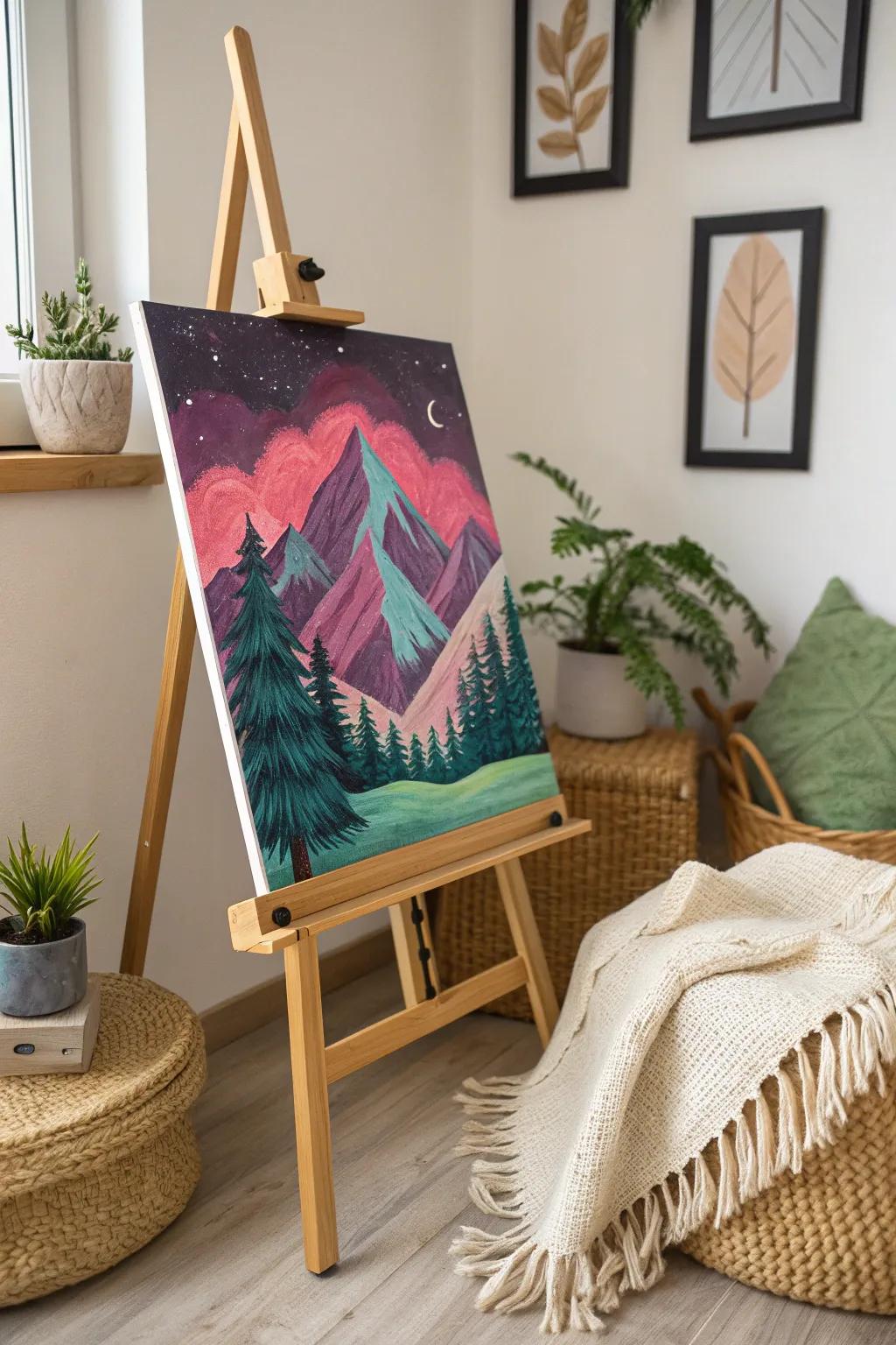 Escape into a world of whimsical mountain magic, where bold colors meet minimalist charm.