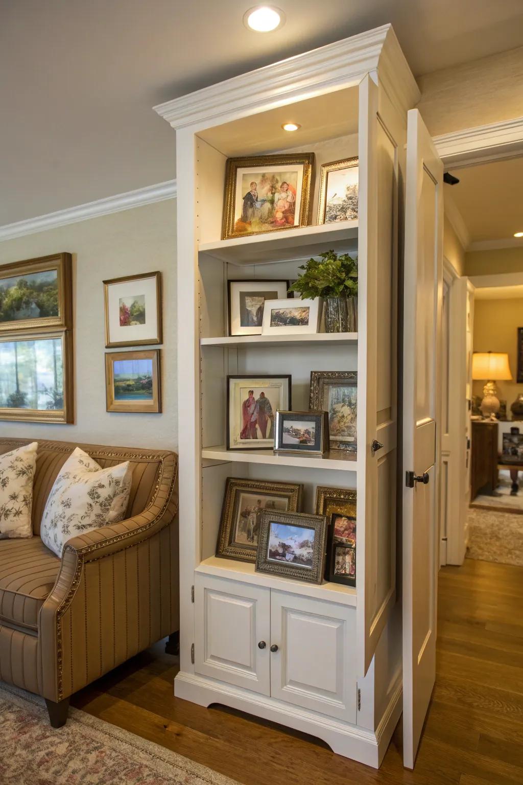 Open shelves in narrow cabinets offer a personal touch to your decor.