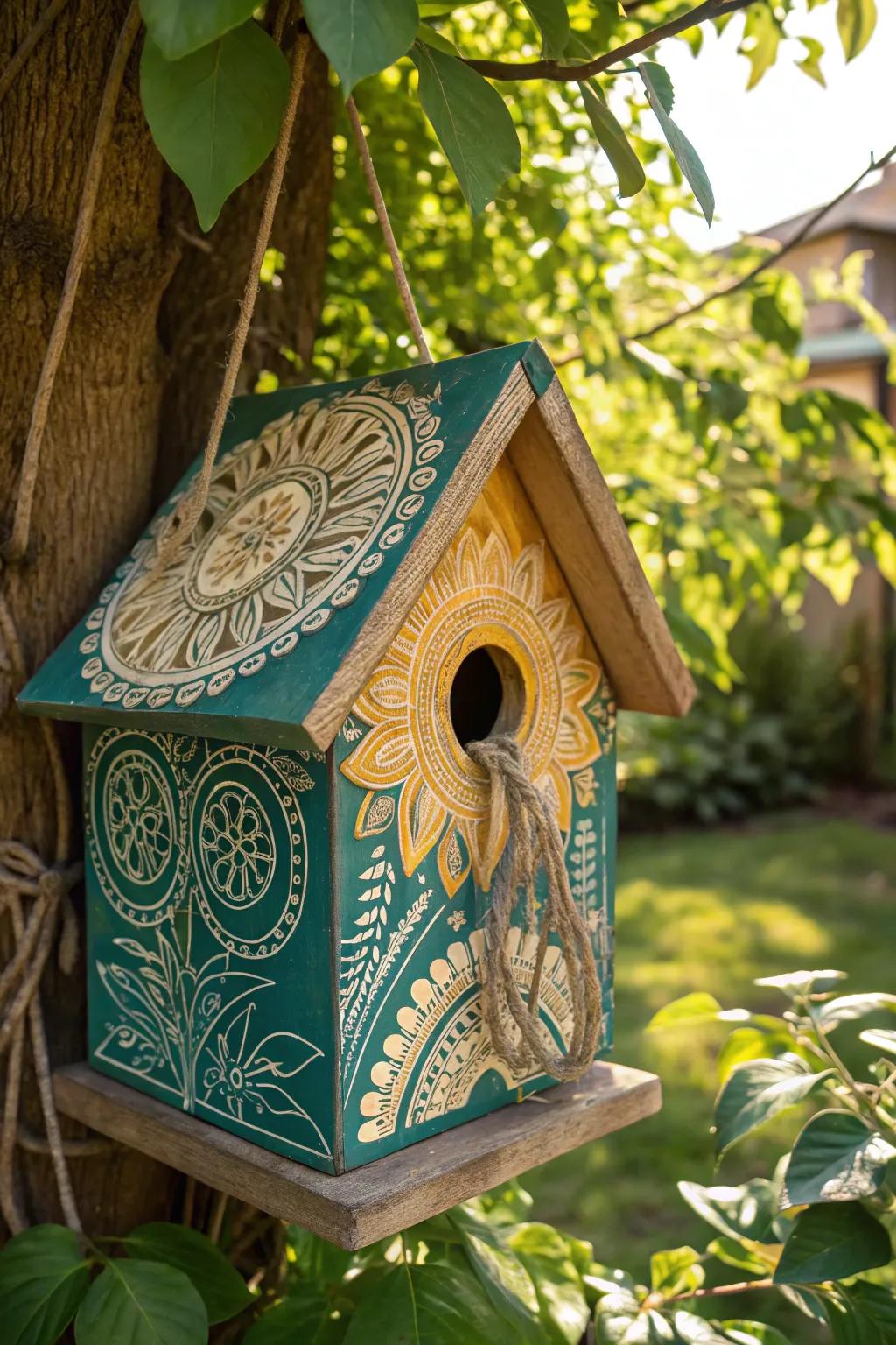 Bring a touch of bohemian flair to your garden aviary with this stunning handcrafted birdhouse! 🌿✨