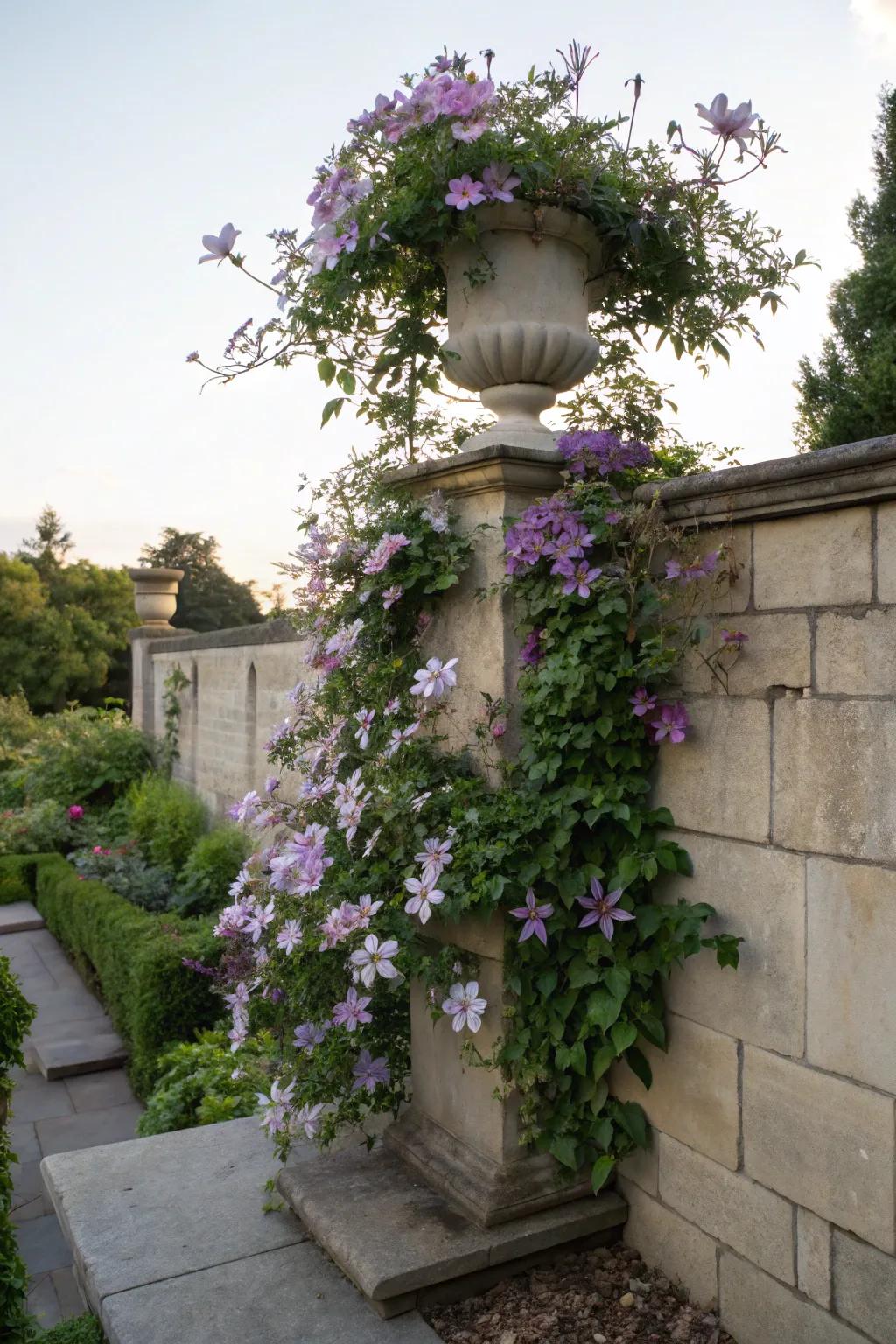 Enchanting clematis vines create a magical vertical display.